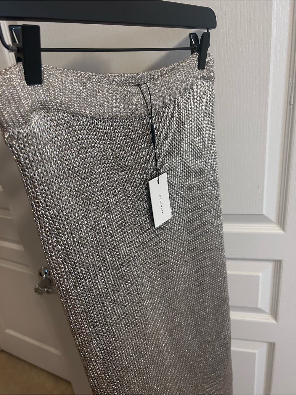 Metallic Silver Knit Midi Skirt